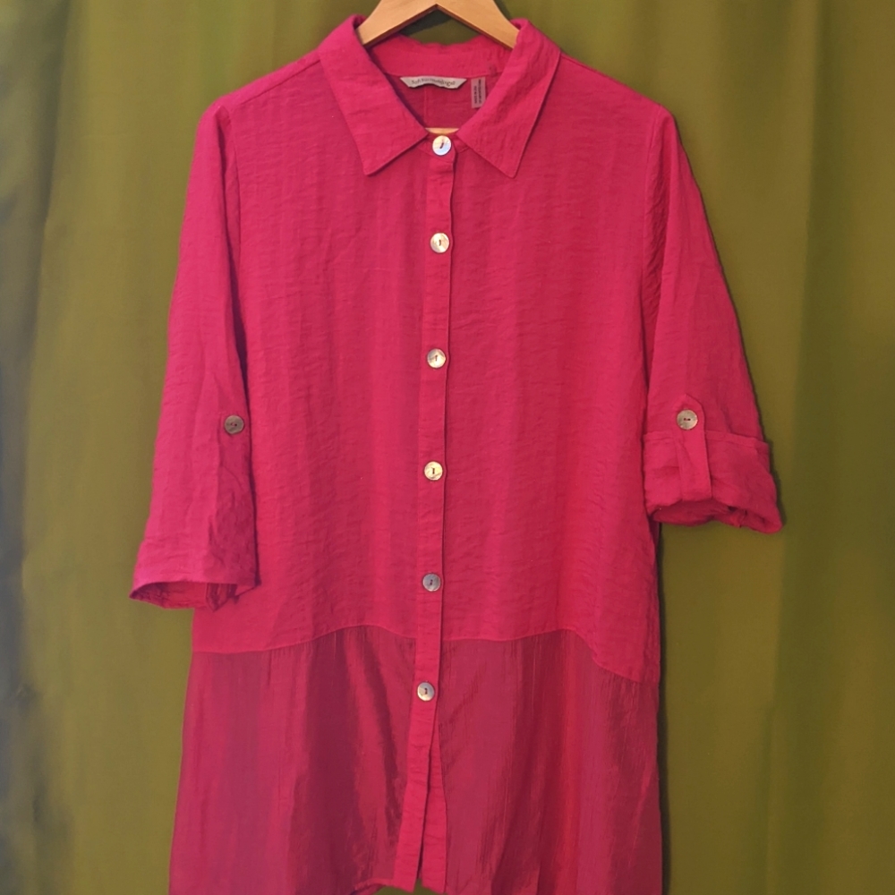 Soft Surroundings Gauze Button Down with Sheer Panel L